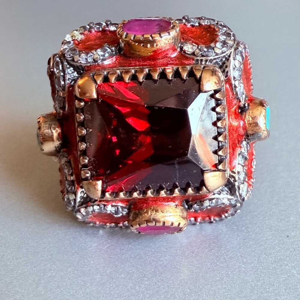 Sterling Silver 925 Garnet Crystal, Emerald Ruby Gemstone Enamel Daus Royal Ring